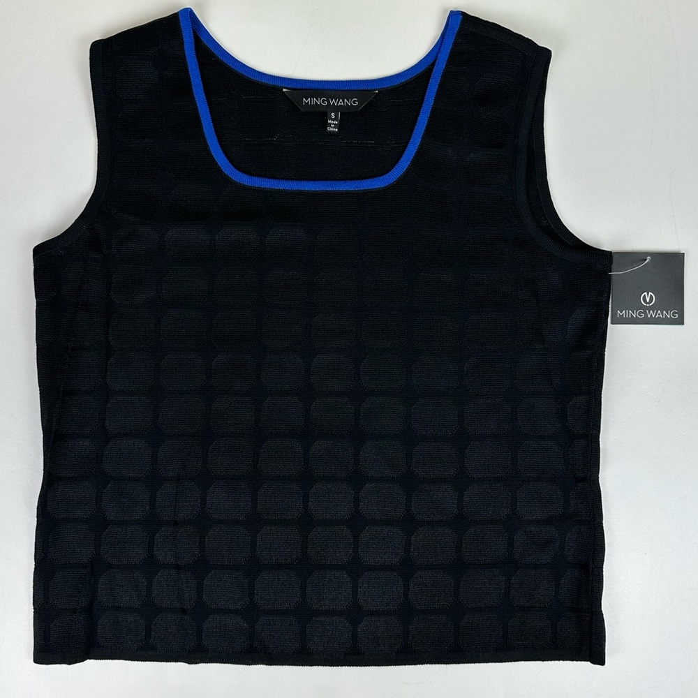 NWT Ming Wang Black Tank Top SMALL Cobalt Blue Polka Dot Textured Acrylic Knit